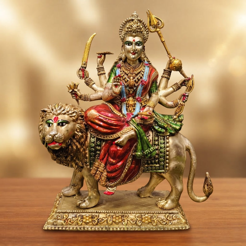 Brass Durga Mata murti seated on lion vahana