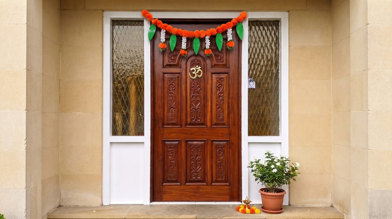 VedicTithi 3 Foot Orange Marigold Toran with Ganesh Embossed Leaves, Traditional Indian Door Hanging for Diwali, Weddings, and Home Entrance Decoration