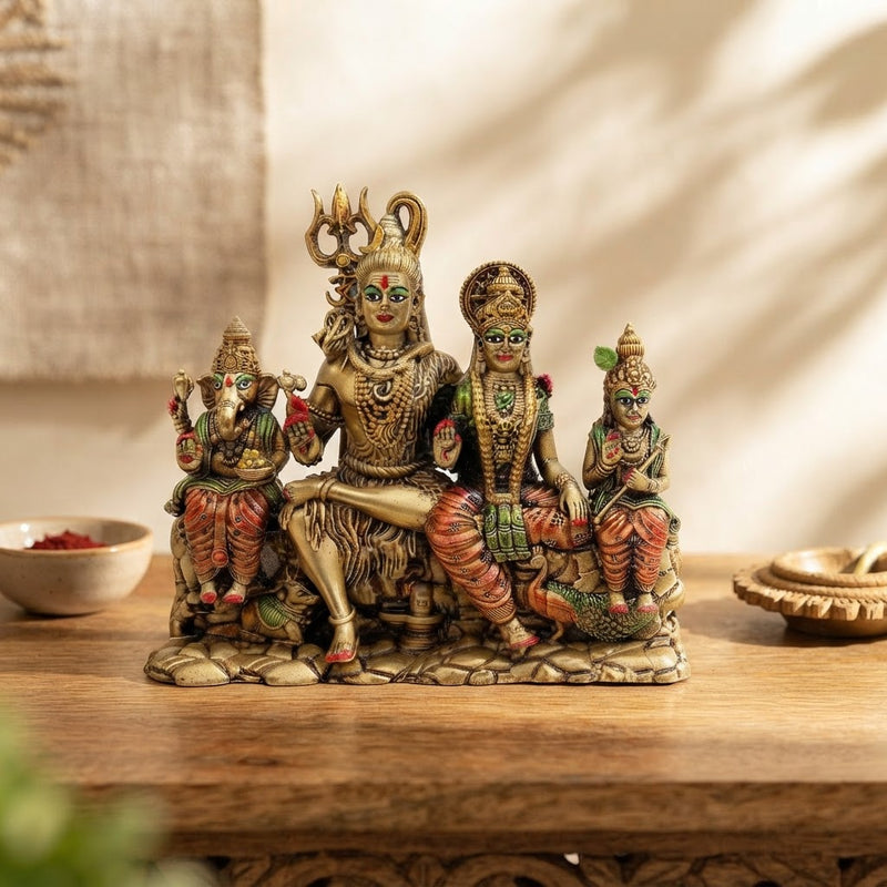 Shiv Parivar Brass Idol - Handcrafted Shiva Family Statue with Ganesha, Parvati, and Kartikeya for Home Temple, Puja Room Decor, and Spiritual Gift (5.5 Inch)