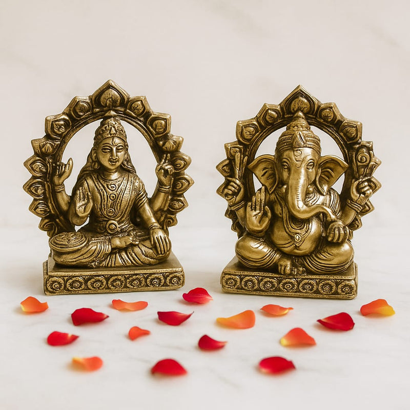 Brass Goddess Lakshmi murti in Abhaya Mudra pose, polished gold finish