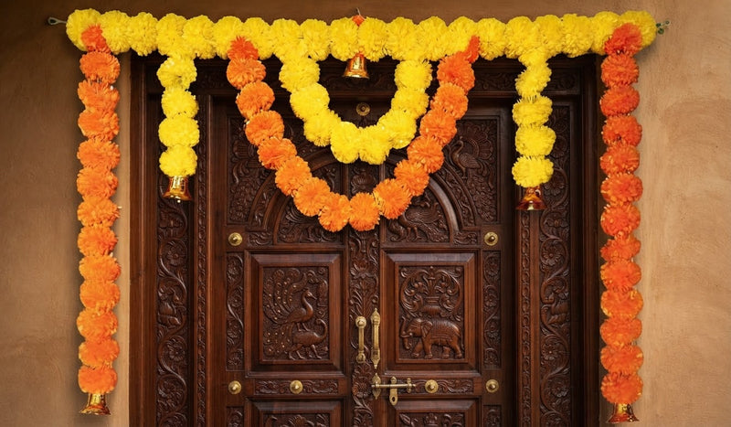 Marigold flower garland toran with bells for front door