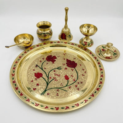 Brass Pooja Thali Set Meenakari Puja Plate with Diya Bell Kalash