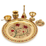 Brass Pooja Thali Set Meenakari Puja Plate with Diya Bell Kalash