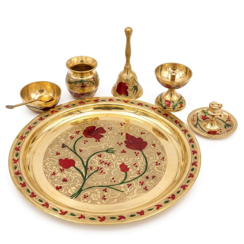 Brass Pooja Thali Set Meenakari Puja Plate with Diya Bell Kalash