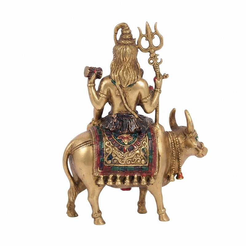 VedicTithi Laiton Seigneur Shiva sur Nandi, Statue Shiva de 15 cm pour Temple Domestique, Murti de Dieu Hindou Façonnée à la Main pour Décoration de Salle de Prière et d'Autel Spirituel
