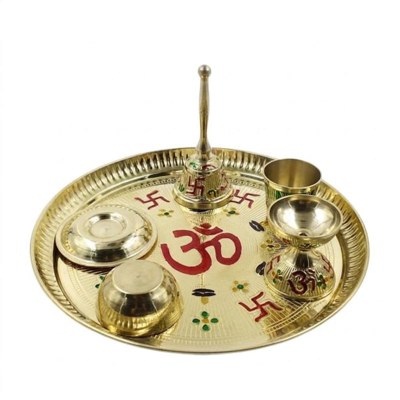 Brass Pooja Thali Set 6 Piece Meenakari Puja Plate
