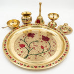 Brass Pooja Thali Set Meenakari Puja Plate with Diya Bell Kalash