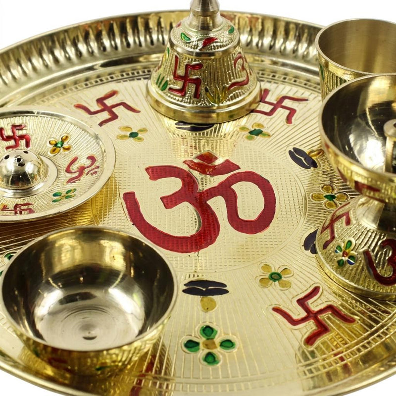 Brass Pooja Thali Set 6 Piece Meenakari Puja Plate