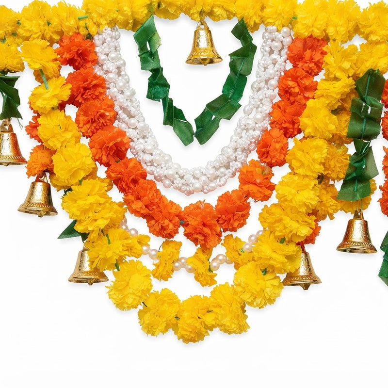 VedicTithi 5-Foot Marigold Toran for Door - Traditional Indian Festival Decor, Artificial Flower Garland with Bells for Diwali, Housewarming, and Entrance Decoration