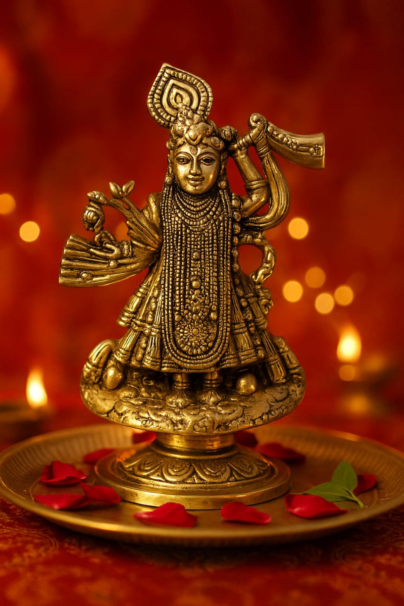 Brass Krishna idol playing flute in Murali pose, Tribhanga stance