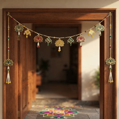 Decorative Door Toran for Entrance, Traditional Lotus and Swastika Hanging for Diwali Home Decor, 3 Feet Long Ethnic Valance for Festival Puja Room Decoration