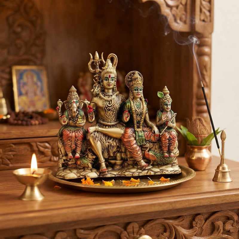 Shiv Parivar Brass Idol - Handcrafted Shiva Family Statue with Ganesha, Parvati, and Kartikeya for Home Temple, Puja Room Decor, and Spiritual Gift (5.5 Inch)