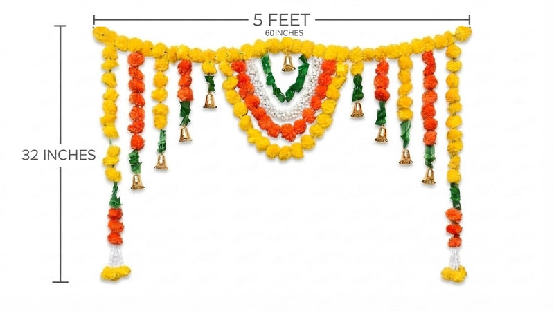VedicTithi 5-Foot Marigold Toran for Door - Traditional Indian Festival Decor, Artificial Flower Garland with Bells for Diwali, Housewarming, and Entrance Decoration