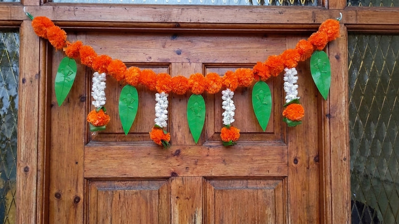 VedicTithi 3 Foot Orange Marigold Toran with Ganesh Embossed Leaves, Traditional Indian Door Hanging for Diwali, Weddings, and Home Entrance Decoration