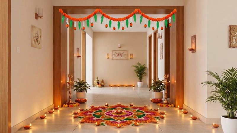 VedicTithi 3 Foot Orange Marigold Toran with Ganesh Embossed Leaves, Traditional Indian Door Hanging for Diwali, Weddings, and Home Entrance Decoration