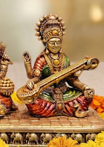Brass Lakshmi Ganesha Saraswati idol set, full display