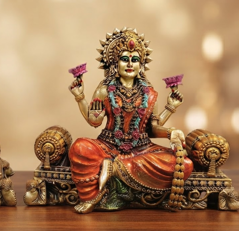 Brass Lakshmi Ganesh idol set, angled view