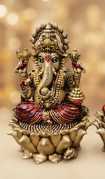 Brass Lakshmi Ganesh idol on lotus base, angled view