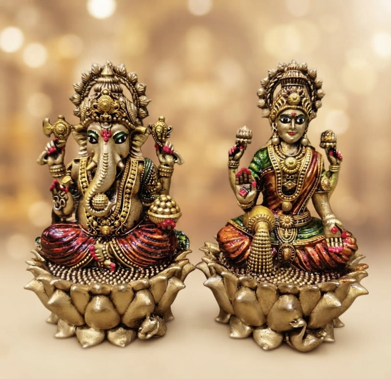 Brass Lakshmi Ganesh idol on lotus base, front view