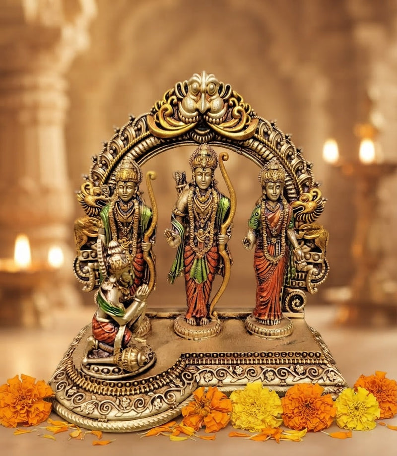 Ram Darbar brass idol set with Ram, Sita, Lakshman, and Hanuman under arch