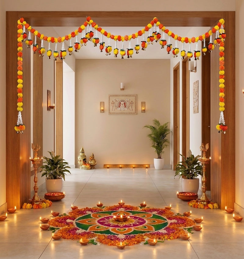 VedicTithi 3-Foot Artificial Marigold Toran for Door, Traditional Indian Festival Decor, Festive Hanging Flower Garland for Diwali, Wedding, and Pooja Room Entrance