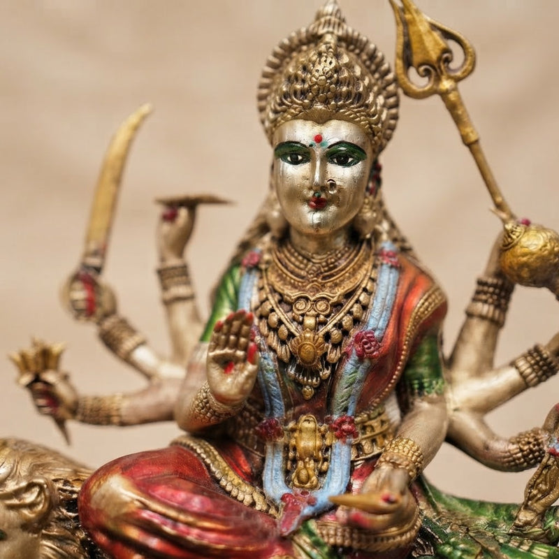 VedicTithi Durga Mata Brass Murti, Handcrafted 8.5-Inch