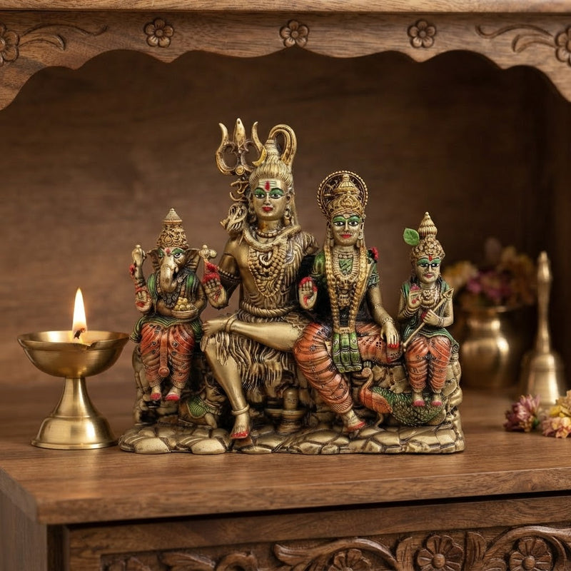 Shiv Parivar Brass Idol - Handcrafted Shiva Family Statue with Ganesha, Parvati, and Kartikeya for Home Temple, Puja Room Decor, and Spiritual Gift (5.5 Inch)