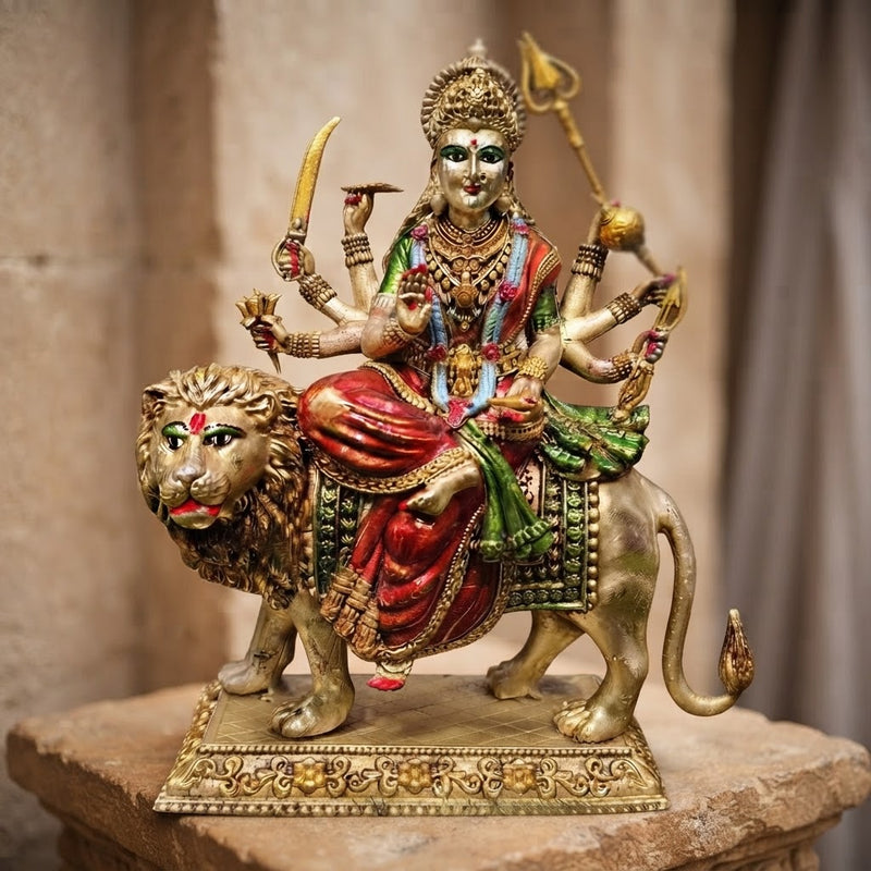 VedicTithi Durga Mata Brass Murti, Handcrafted 8.5-Inch