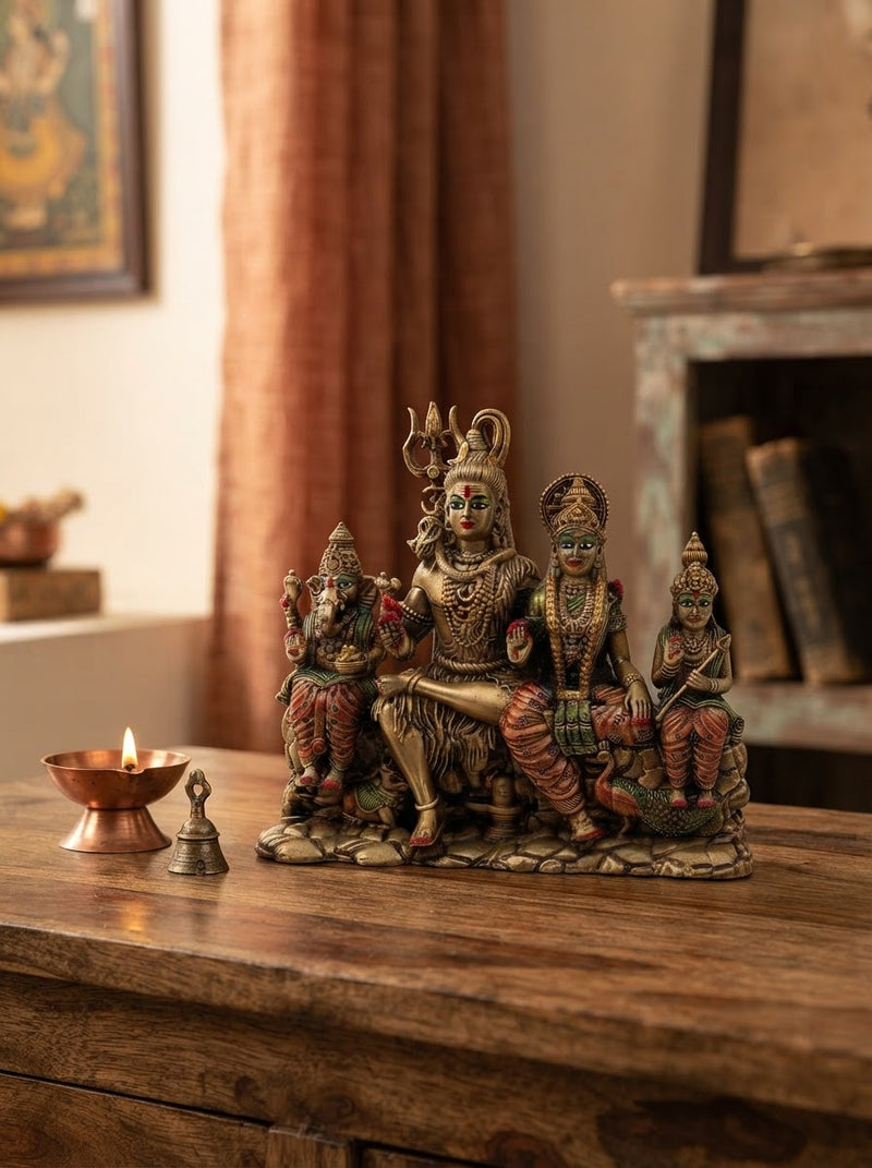 Shiv Parivar Brass Idol - Handcrafted Shiva Family Statue with Ganesha, Parvati, and Kartikeya for Home Temple, Puja Room Decor, and Spiritual Gift (5.5 Inch)
