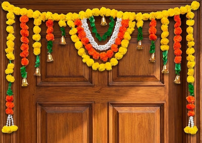 VedicTithi 5-Foot Marigold Toran for Door - Traditional Indian Festival Decor, Artificial Flower Garland with Bells for Diwali, Housewarming, and Entrance Decoration