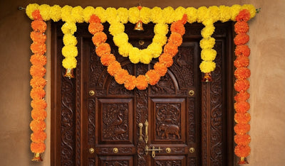 Marigold flower garland toran with bells for front door
