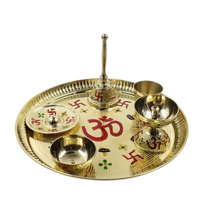 Brass Pooja Thali Set 6 Piece Meenakari Puja Plate