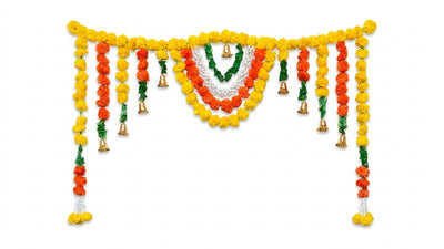 VedicTithi 5-Foot Marigold Toran for Door - Traditional Indian Festival Decor, Artificial Flower Garland with Bells for Diwali, Housewarming, and Entrance Decoration