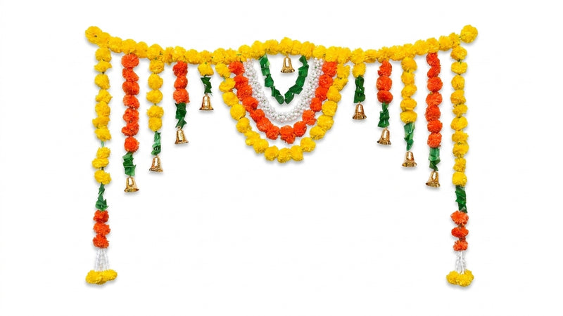 VedicTithi 5-Foot Marigold Toran for Door - Traditional Indian Festival Decor, Artificial Flower Garland with Bells for Diwali, Housewarming, and Entrance Decoration