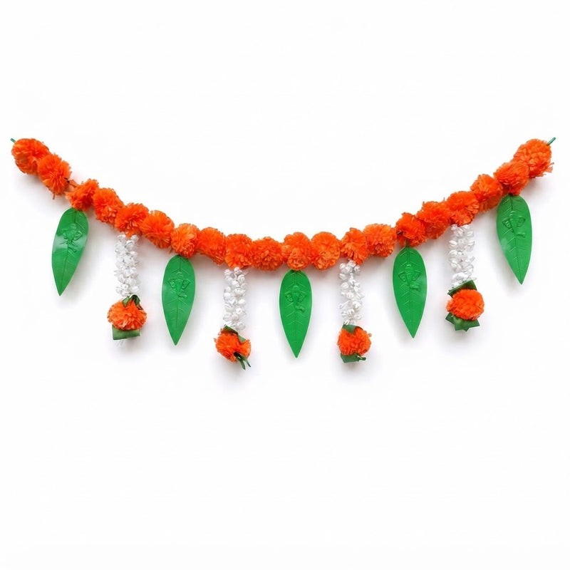 VedicTithi 3 Foot Orange Marigold Toran with Ganesh Embossed Leaves, Traditional Indian Door Hanging for Diwali, Weddings, and Home Entrance Decoration