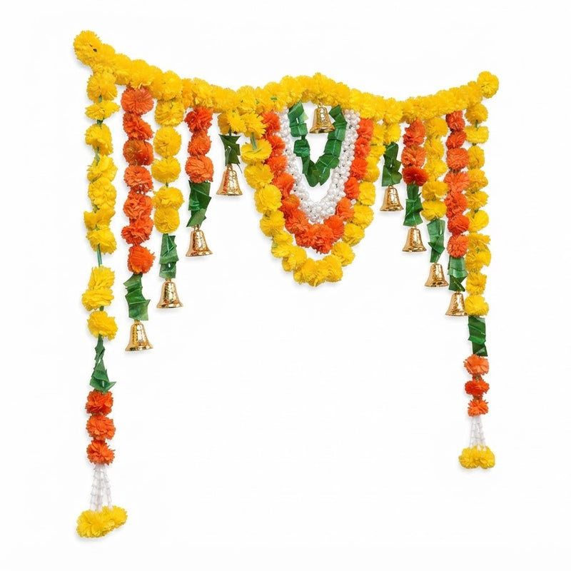 VedicTithi 5-Foot Marigold Toran for Door - Traditional Indian Festival Decor, Artificial Flower Garland with Bells for Diwali, Housewarming, and Entrance Decoration