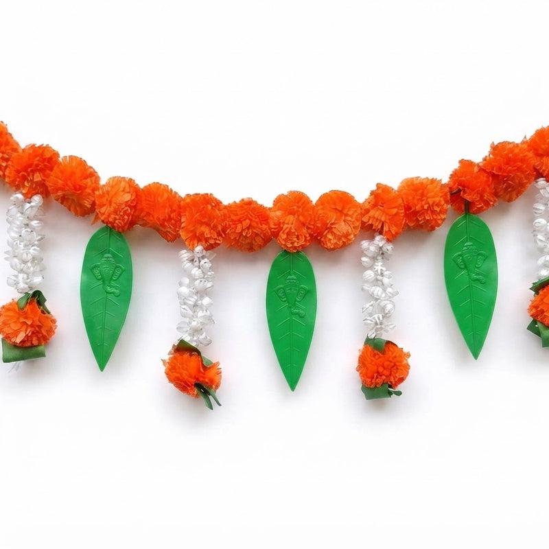 VedicTithi 3 Foot Orange Marigold Toran with Ganesh Embossed Leaves, Traditional Indian Door Hanging for Diwali, Weddings, and Home Entrance Decoration