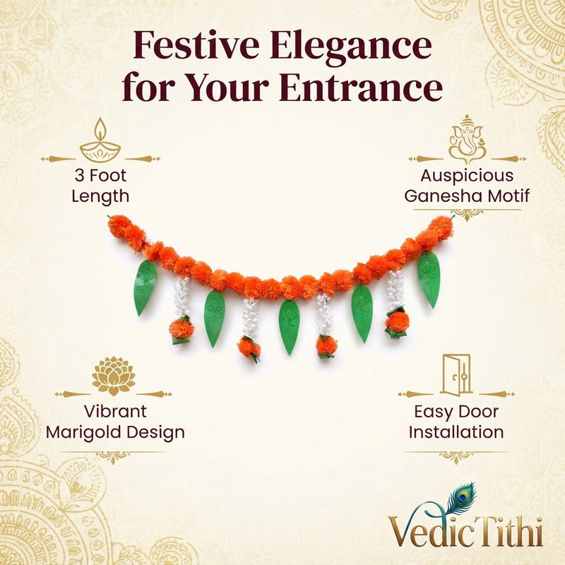 VedicTithi 3 Foot Orange Marigold Toran with Ganesh Embossed Leaves, Traditional Indian Door Hanging for Diwali, Weddings, and Home Entrance Decoration