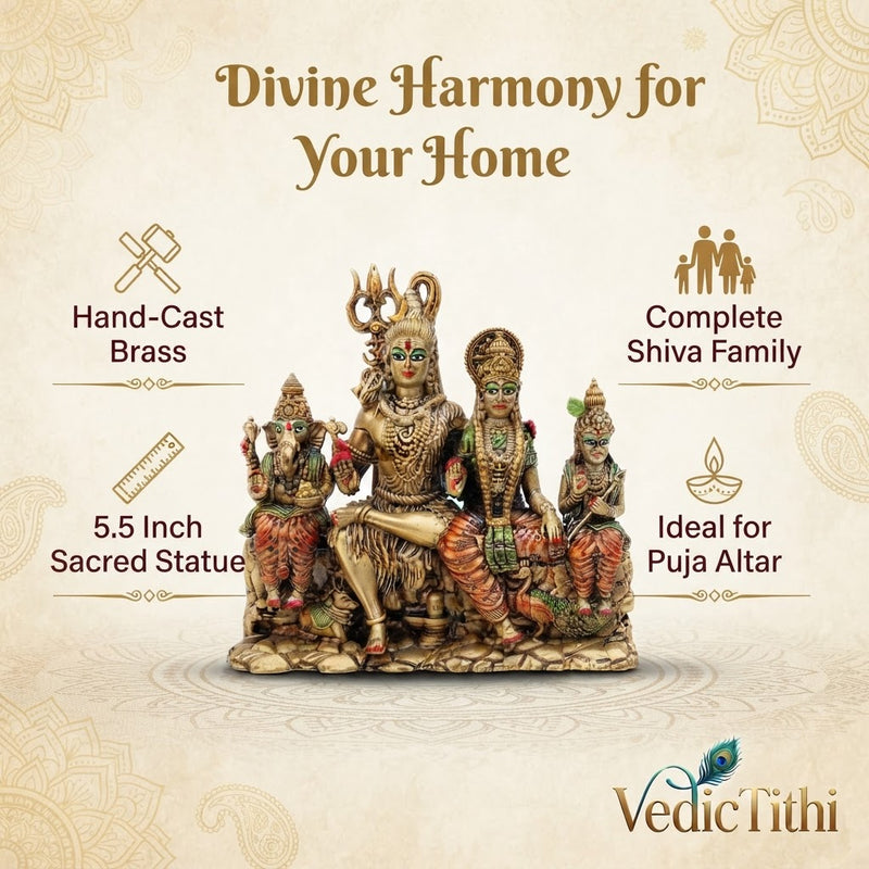 Shiv Parivar Brass Idol - Handcrafted Shiva Family Statue with Ganesha, Parvati, and Kartikeya for Home Temple, Puja Room Decor, and Spiritual Gift (5.5 Inch)