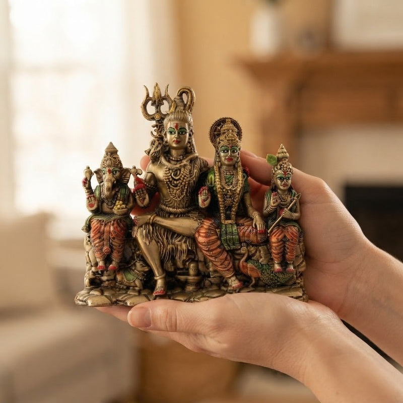 Shiv Parivar Brass Idol - Handcrafted Shiva Family Statue with Ganesha, Parvati, and Kartikeya for Home Temple, Puja Room Decor, and Spiritual Gift (5.5 Inch)