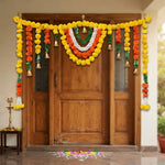 VedicTithi 5-Foot Marigold Toran for Door - Traditional Indian Festival Decor, Artificial Flower Garland with Bells for Diwali, Housewarming, and Entrance Decoration