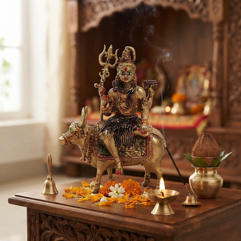 VedicTithi Laiton Seigneur Shiva sur Nandi, Statue Shiva de 15 cm pour Temple Domestique, Murti de Dieu Hindou Façonnée à la Main pour Décoration de Salle de Prière et d'Autel Spirituel