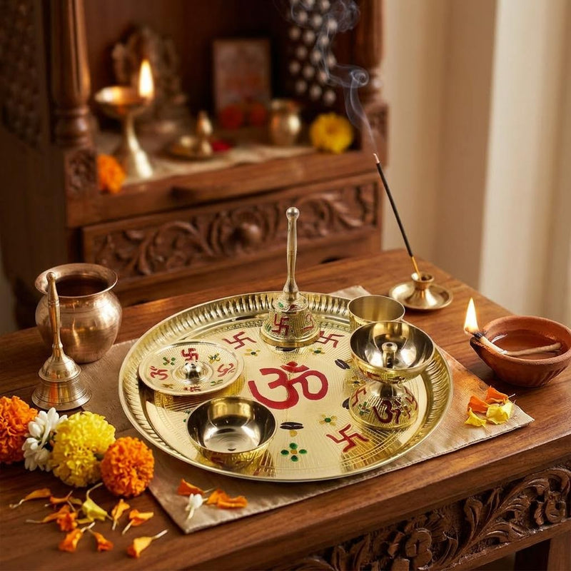 Brass Pooja Thali Set 6 Piece Meenakari Puja Plate