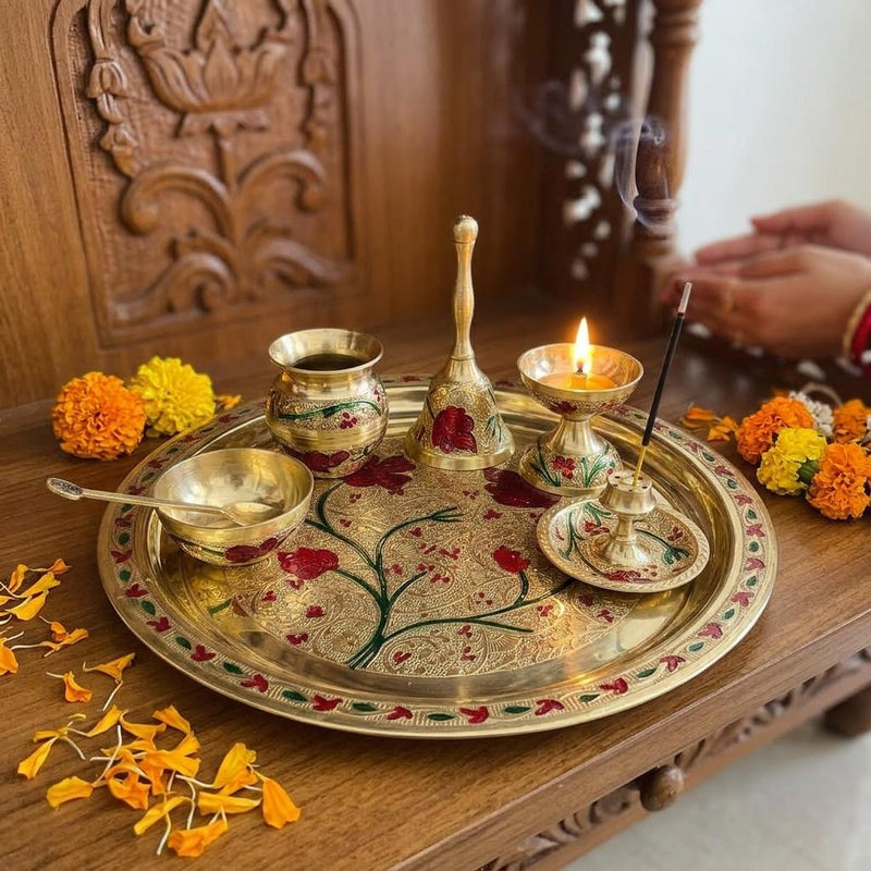 Brass Pooja Thali Set Meenakari Puja Plate with Diya Bell Kalash